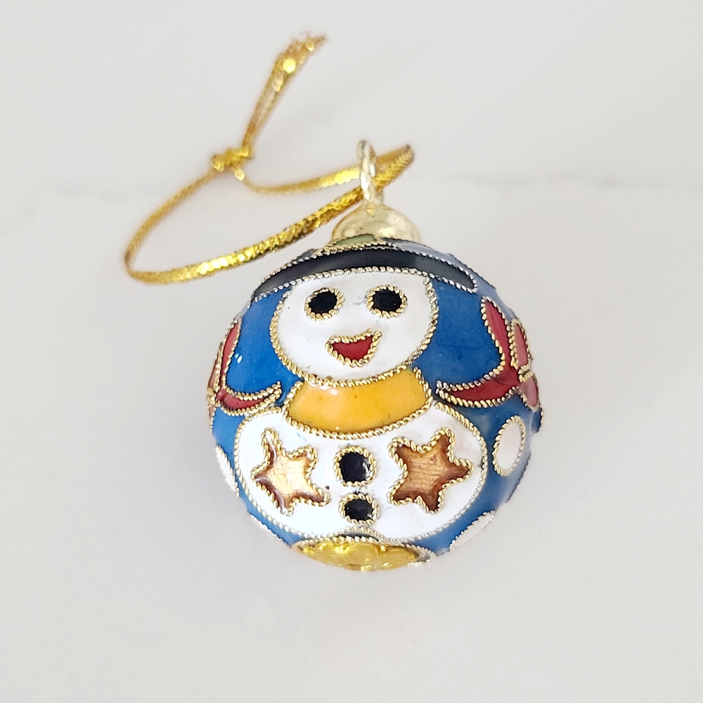 Vtg Set of Four Cloisonné Christmas Ornaments Hummingbird Snowman Ladybug Flower - Picture 5 of 10